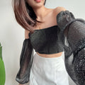 【T517】BlingBling One Shoulder Long Sleeve Top Tank 气质闪闪发光一字肩长袖短款上衣遮手臂 🇹🇭泰国现货上衣