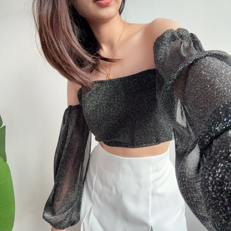 【T517】BlingBling One Shoulder Long Sleeve Top Tank 气质闪闪发光一字肩长袖短款上衣遮手臂 🇹🇭泰国现货上衣