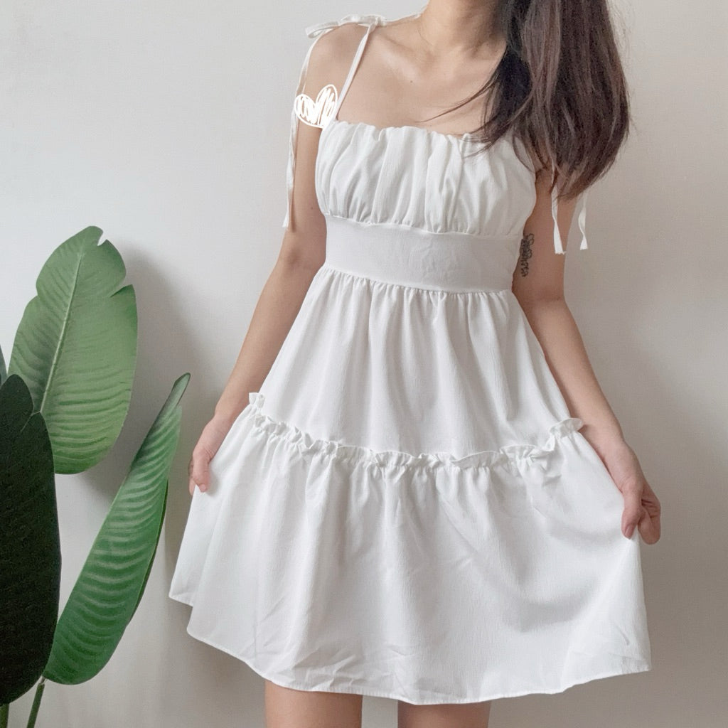 【T686】Ruffle Midi Dress 甜美吊带收腰纯色显瘦短裙