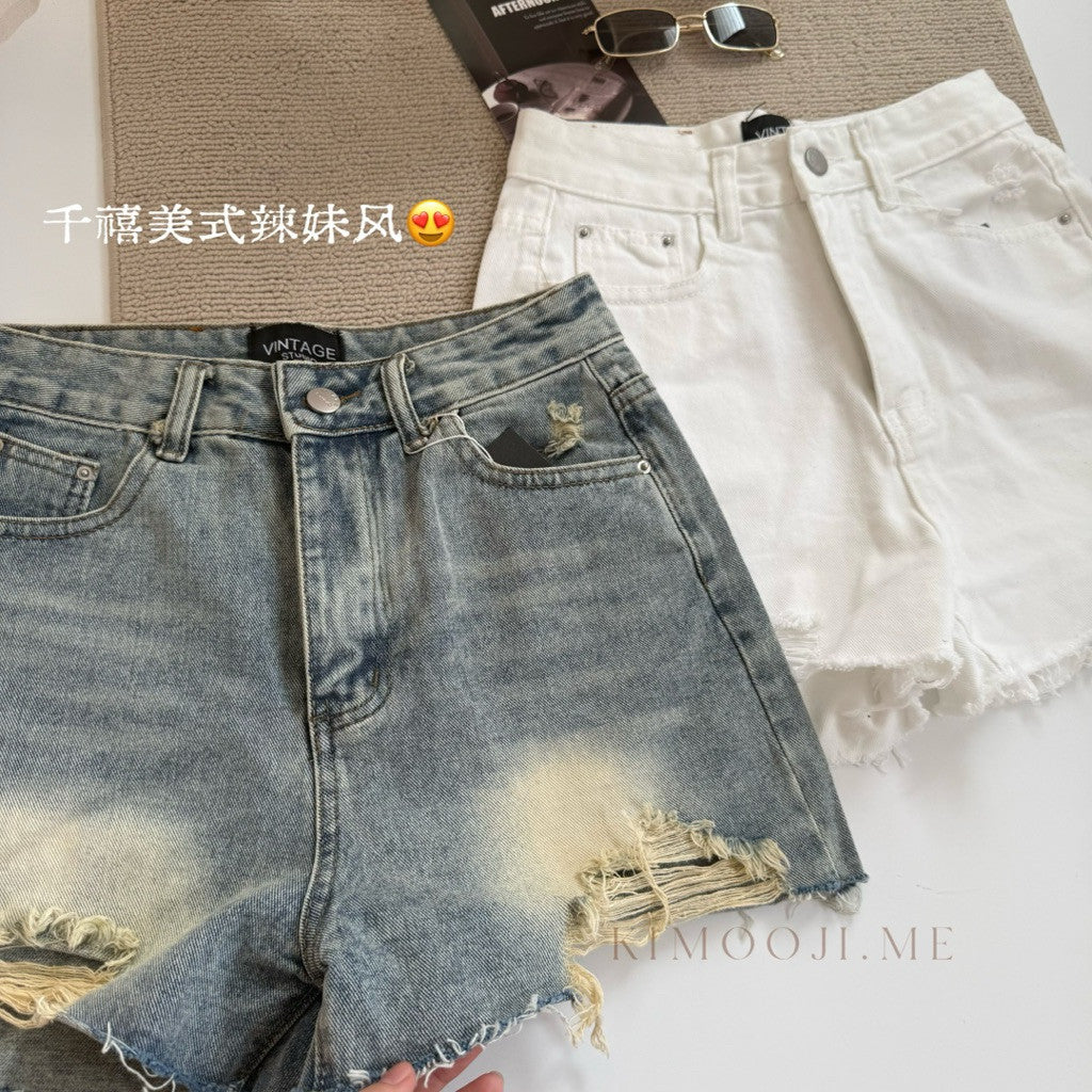 【T797】Vintage Ripped Jeans美式复古女高腰牛仔裤短裤