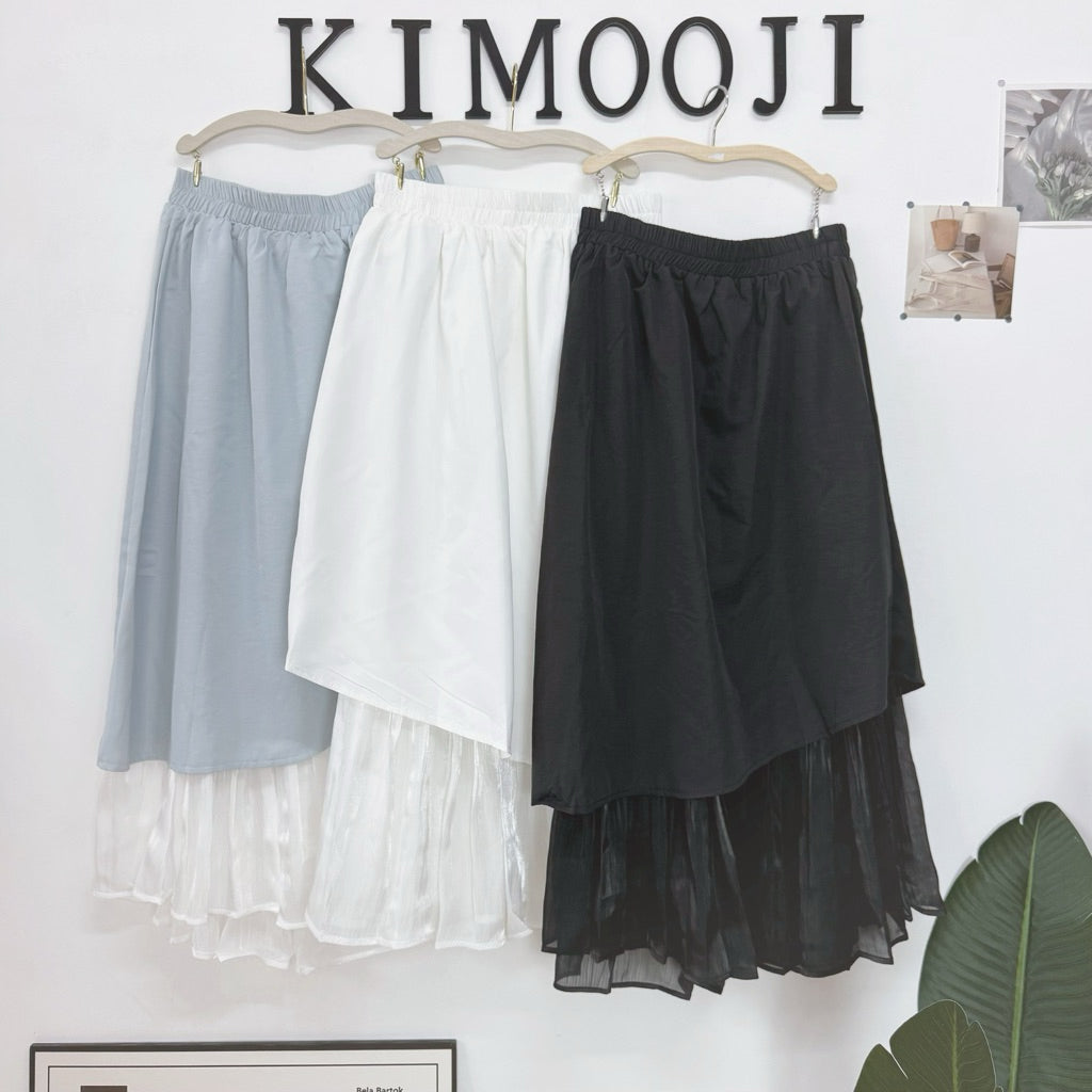 【T882】假两件拼接百褶中长裙