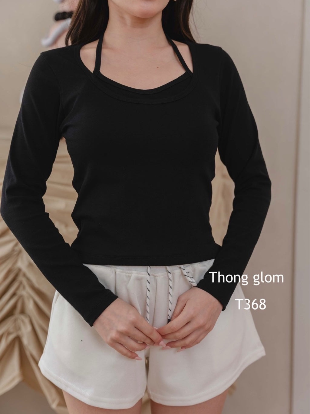 【T991】ThongGlom挂脖假两件纯棉长袖上衣女