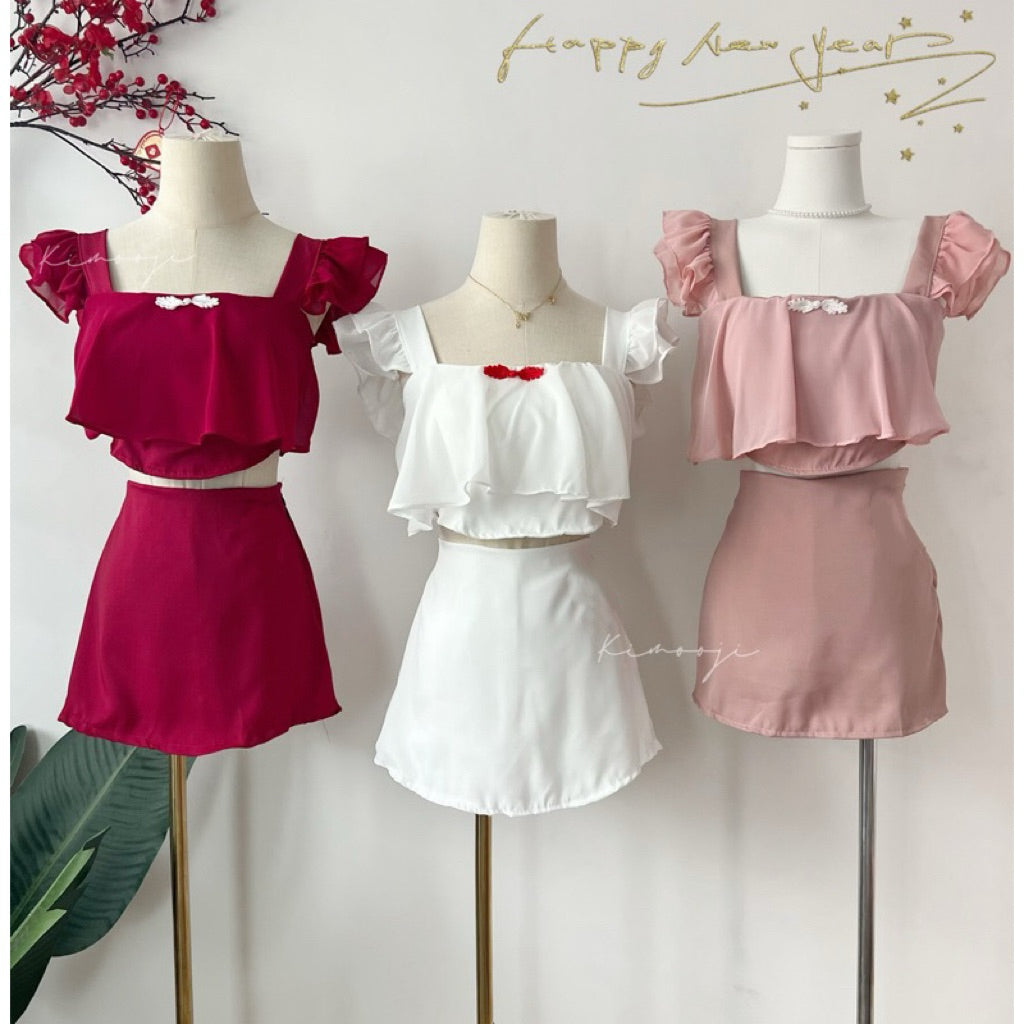 【T353】🎉CNY 2025🎉 气质满满！小飞袖网纱中国结新年套装 Chinese Knot Fly Sleeve CNY Set Skort Bottom 泰国现货套装