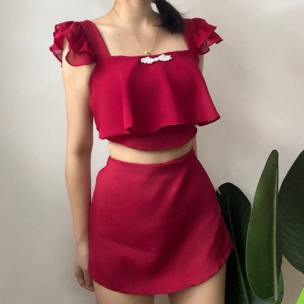 【T353】🎉CNY 2025🎉 气质满满！小飞袖网纱中国结新年套装 Chinese Knot Fly Sleeve CNY Set Skort Bottom 泰国现货套装