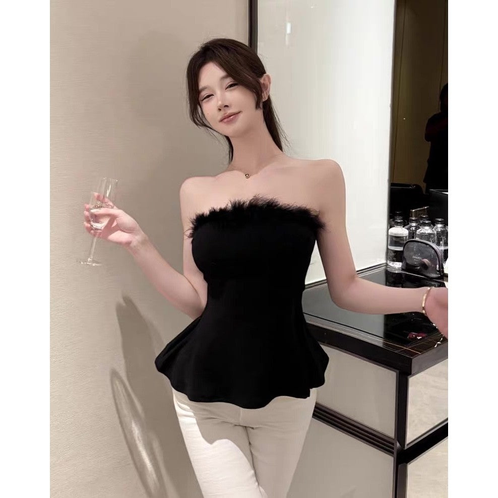 【T-1128】Sweet Sexy 甜美毛毛抹胸上衣~自带胸垫