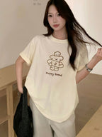 【T-1146】韩系减龄小狗 Oversize T恤 Women Cute Puppy Embroidery Loose Tee 显瘦百搭短袖 T-Shirt 爽滑棉 MD8078