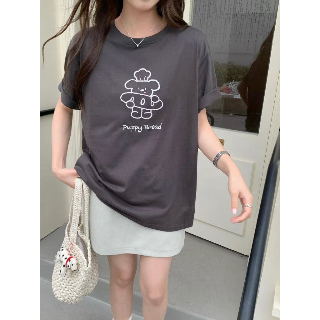 【T-1146】韩系减龄小狗 Oversize T恤 Women Cute Puppy Embroidery Loose Tee 显瘦百搭短袖 T-Shirt 爽滑棉 MD8078