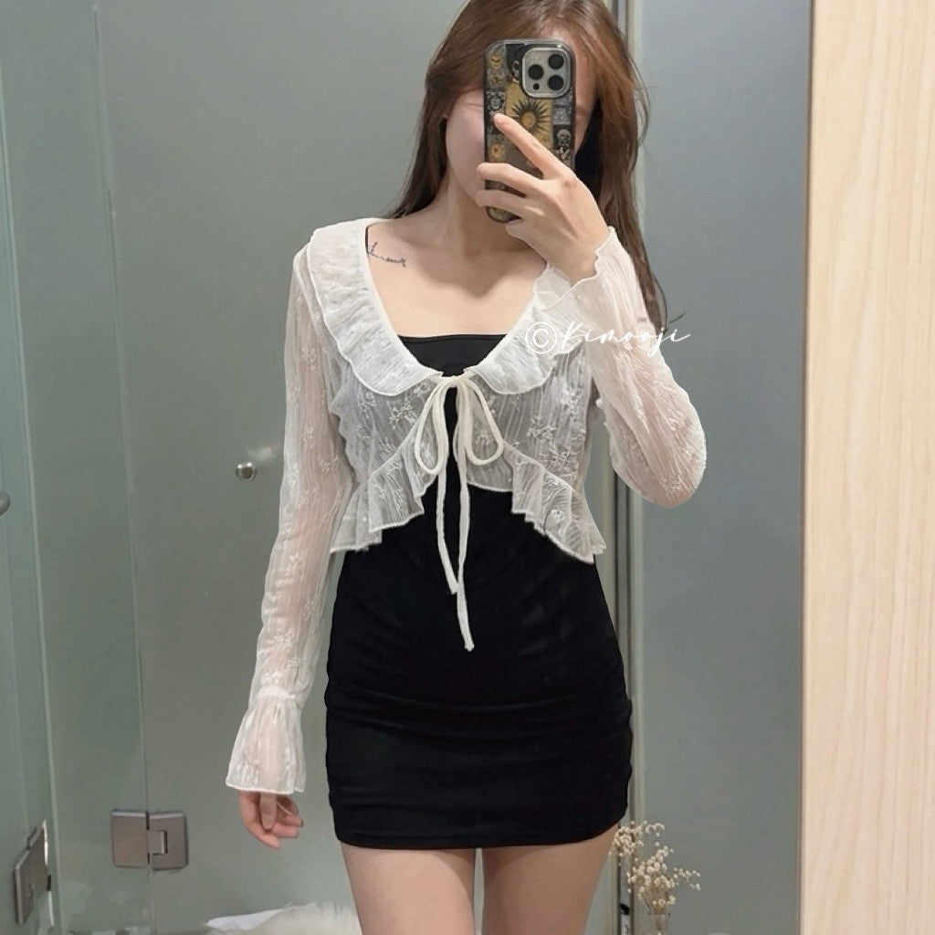 【T-1194】温柔风木耳边蕾丝防晒罩衫 Sweet Floral Lace Ruffle Outer