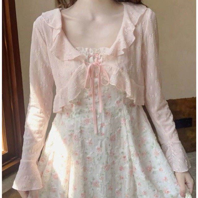 【T-1194】温柔风木耳边蕾丝防晒罩衫 Sweet Floral Lace Ruffle Outer