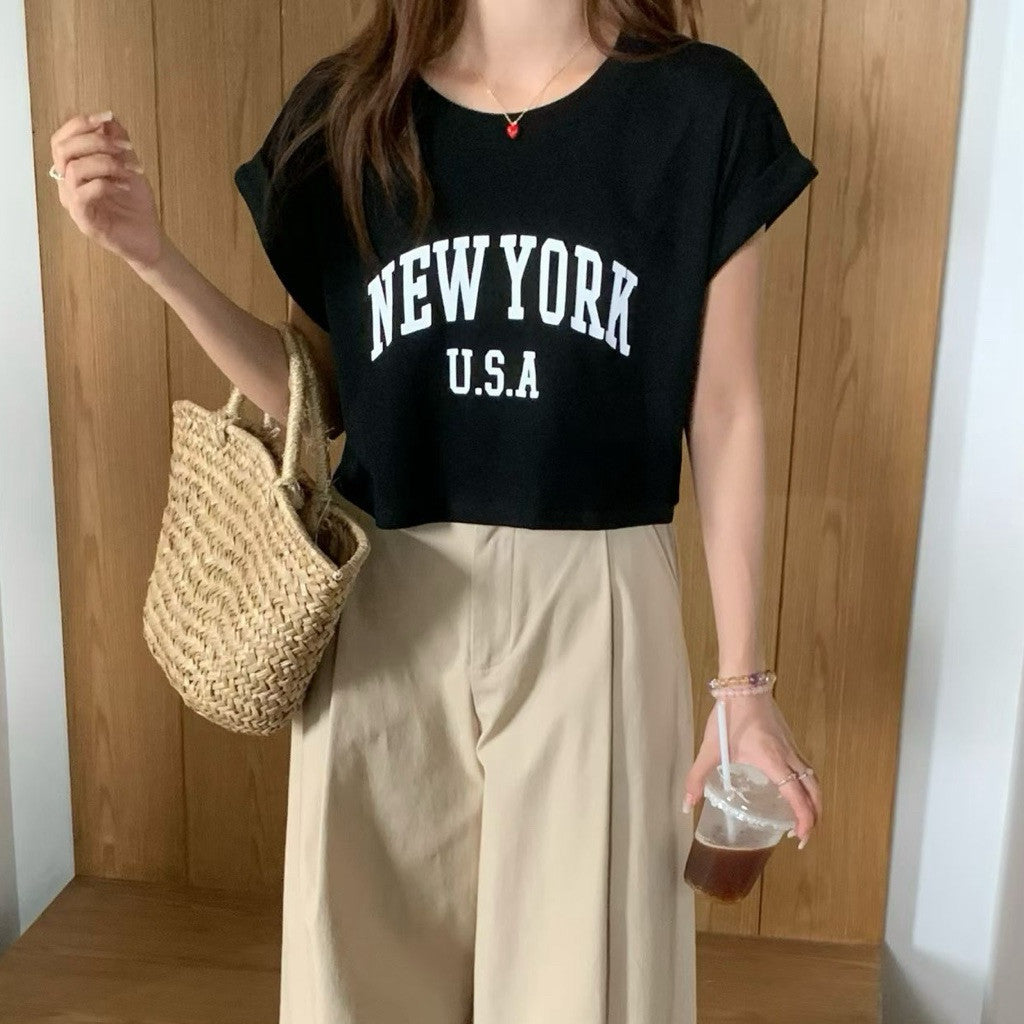 【T-1236】超百搭～自留！NEW YORK Loose Crop Top