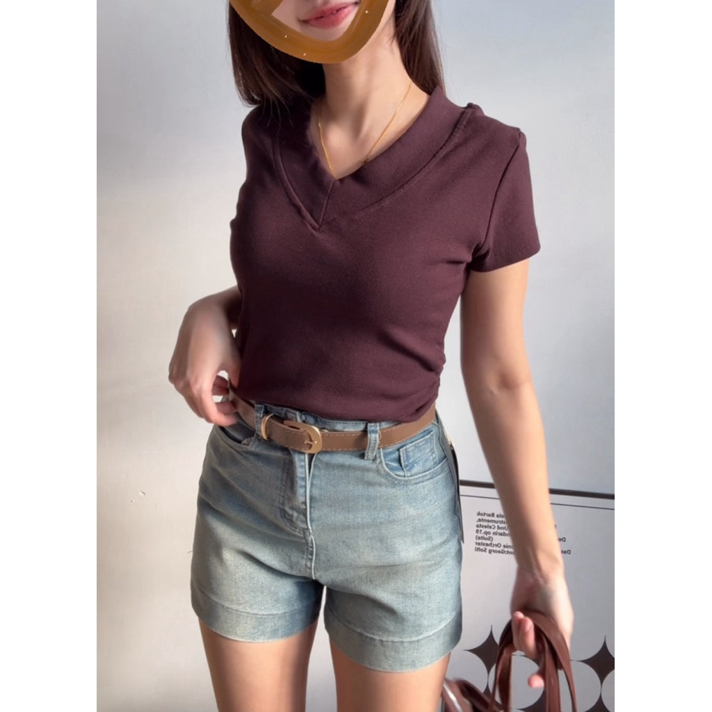 【T871】Ribbed V-Neck Slim Fit Tee ✨