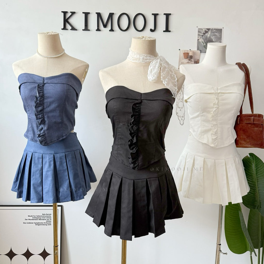 【T889】小个子Soft Denim Tank Tube Top + Pleated Inner Skirt