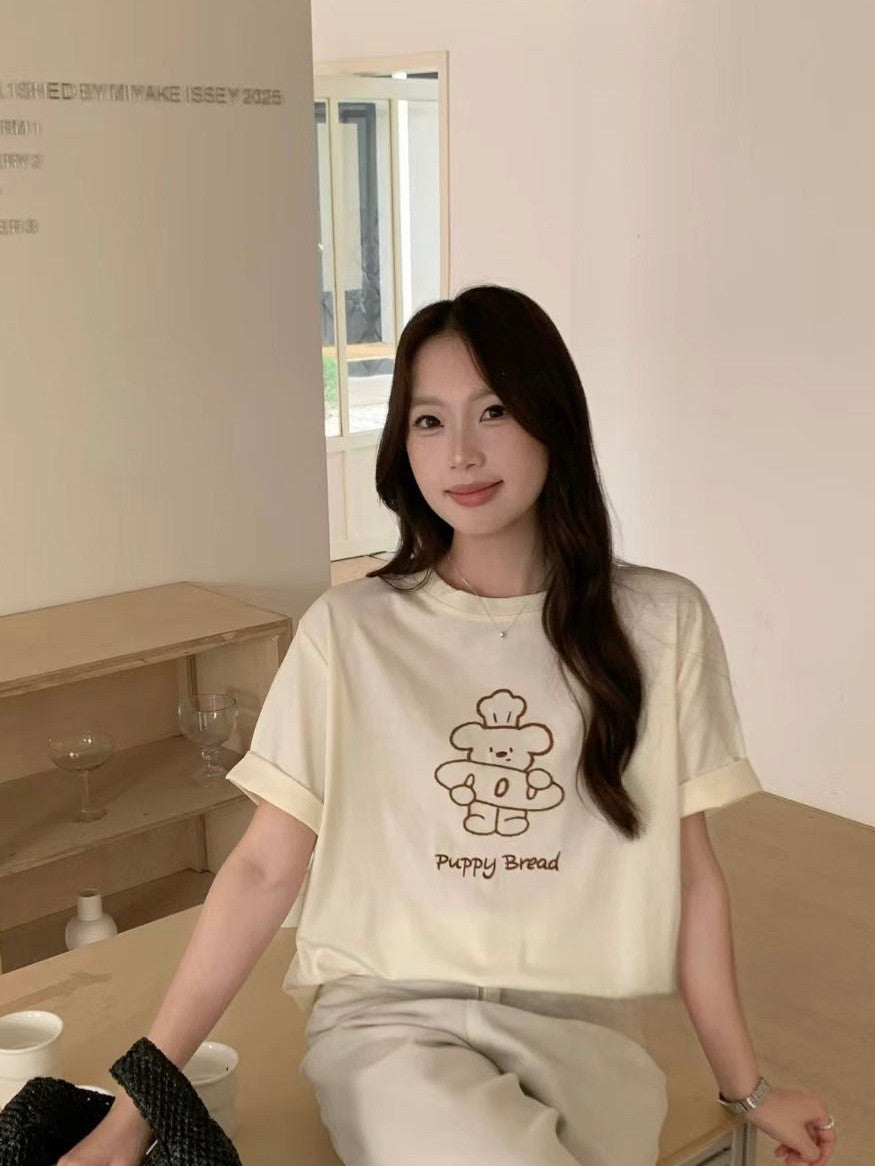 【T-1146】韩系减龄小狗 Oversize T恤 Women Cute Puppy Embroidery Loose Tee 显瘦百搭短袖 T-Shirt 爽滑棉 MD8078