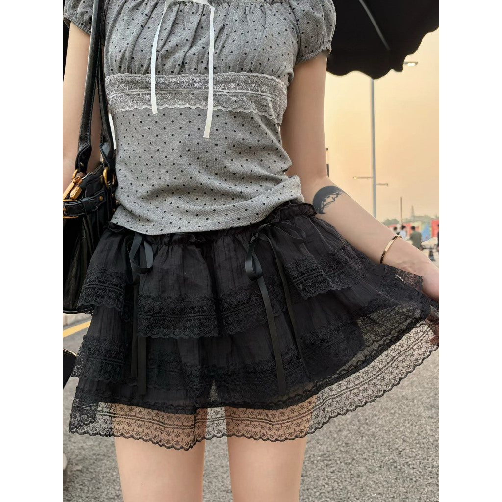 【T-1141】蕾丝蝴蝶结蛋糕裙 Sweet Tiered Ribbon Mini Skirt