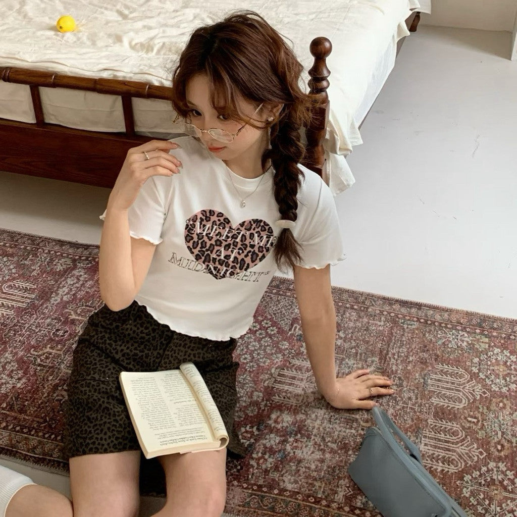 【T-1201】美式辣妹豹纹印花木耳边女Tee