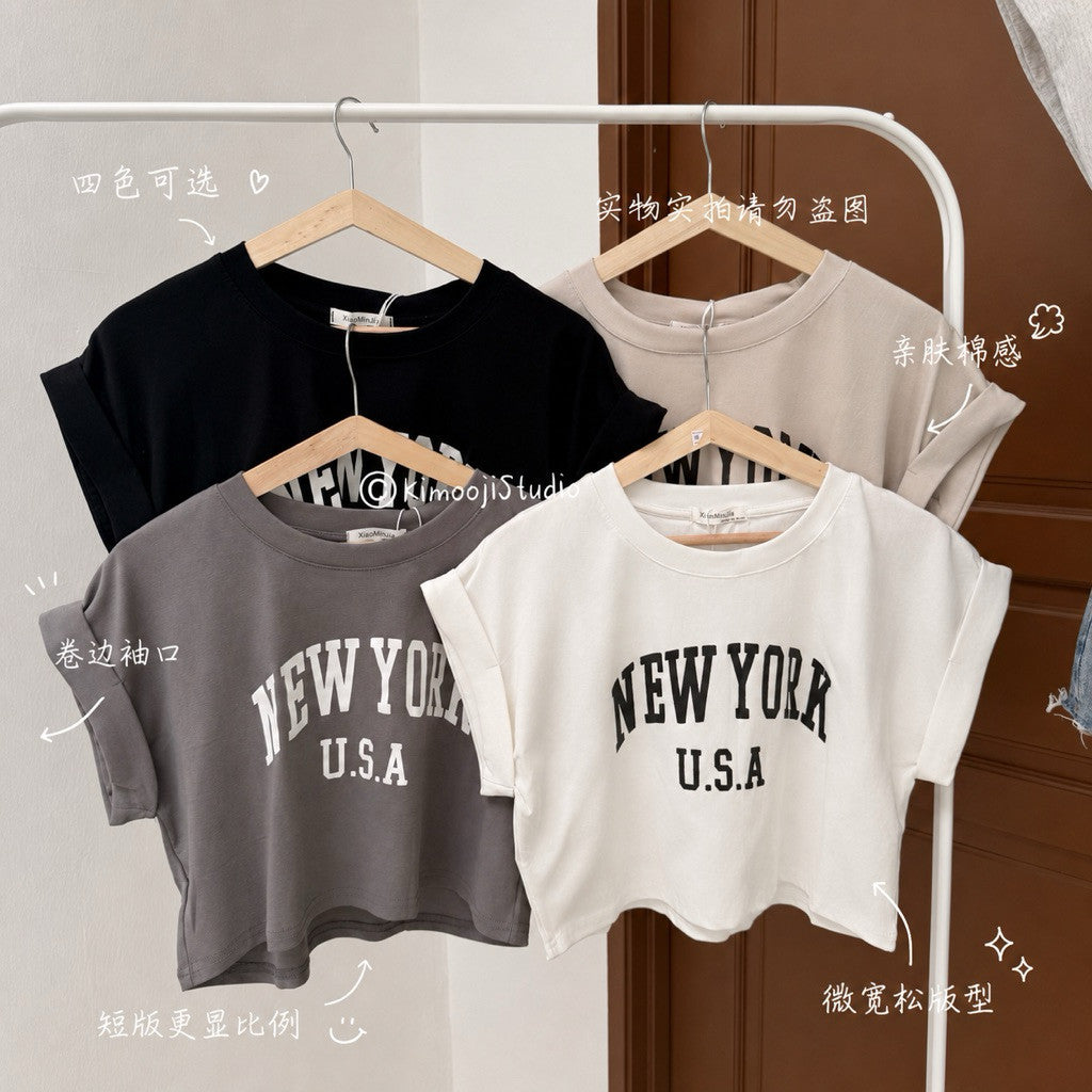 【T-1236】超百搭～自留！NEW YORK Loose Crop Top