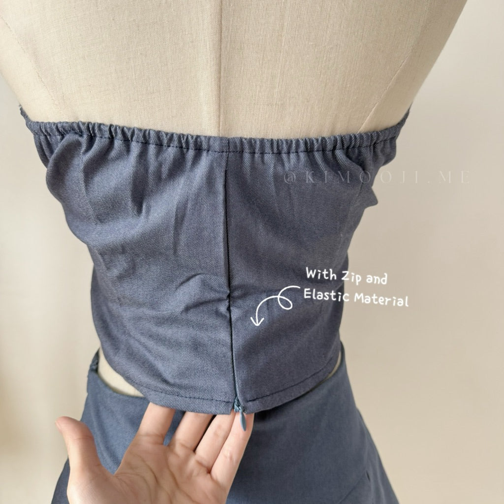 【T889】小个子Soft Denim Tank Tube Top + Pleated Inner Skirt