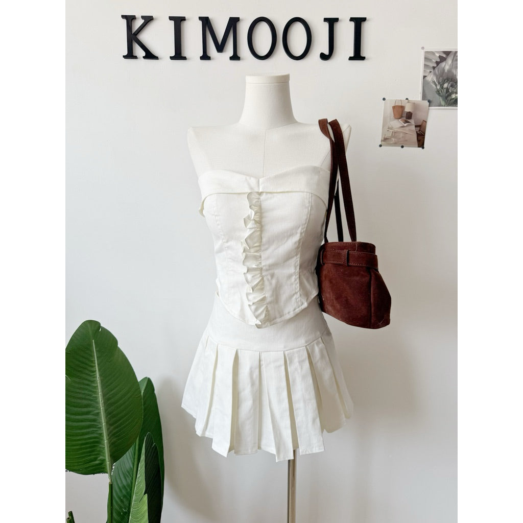 【T889】小个子Soft Denim Tank Tube Top + Pleated Inner Skirt