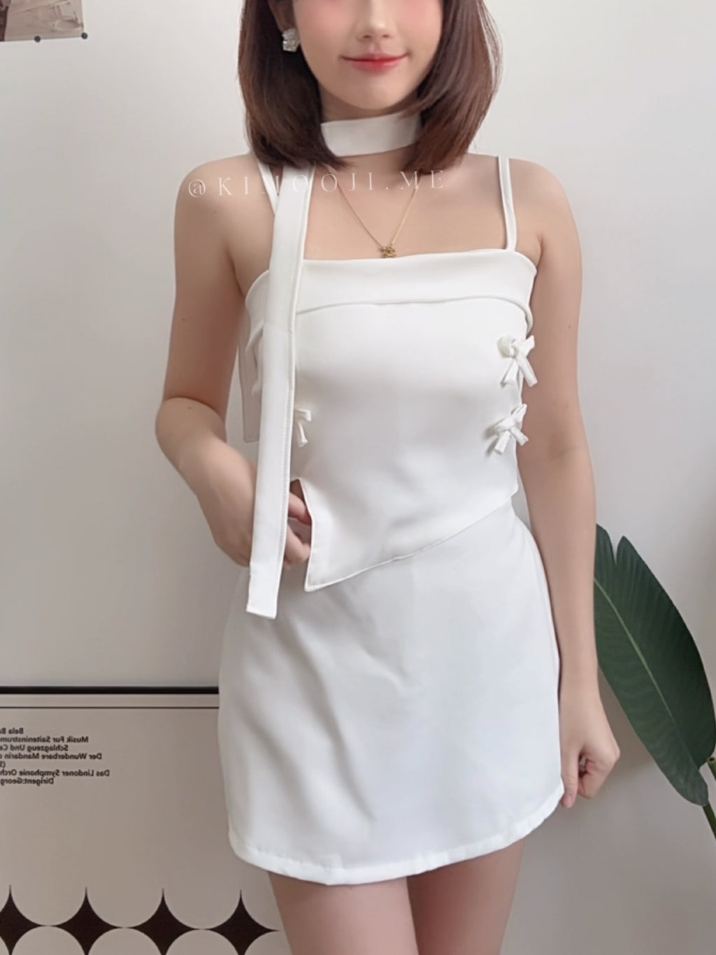 【T907】立体蝴蝶结Choker Set A line Skirt + Ribbon Singlet Top