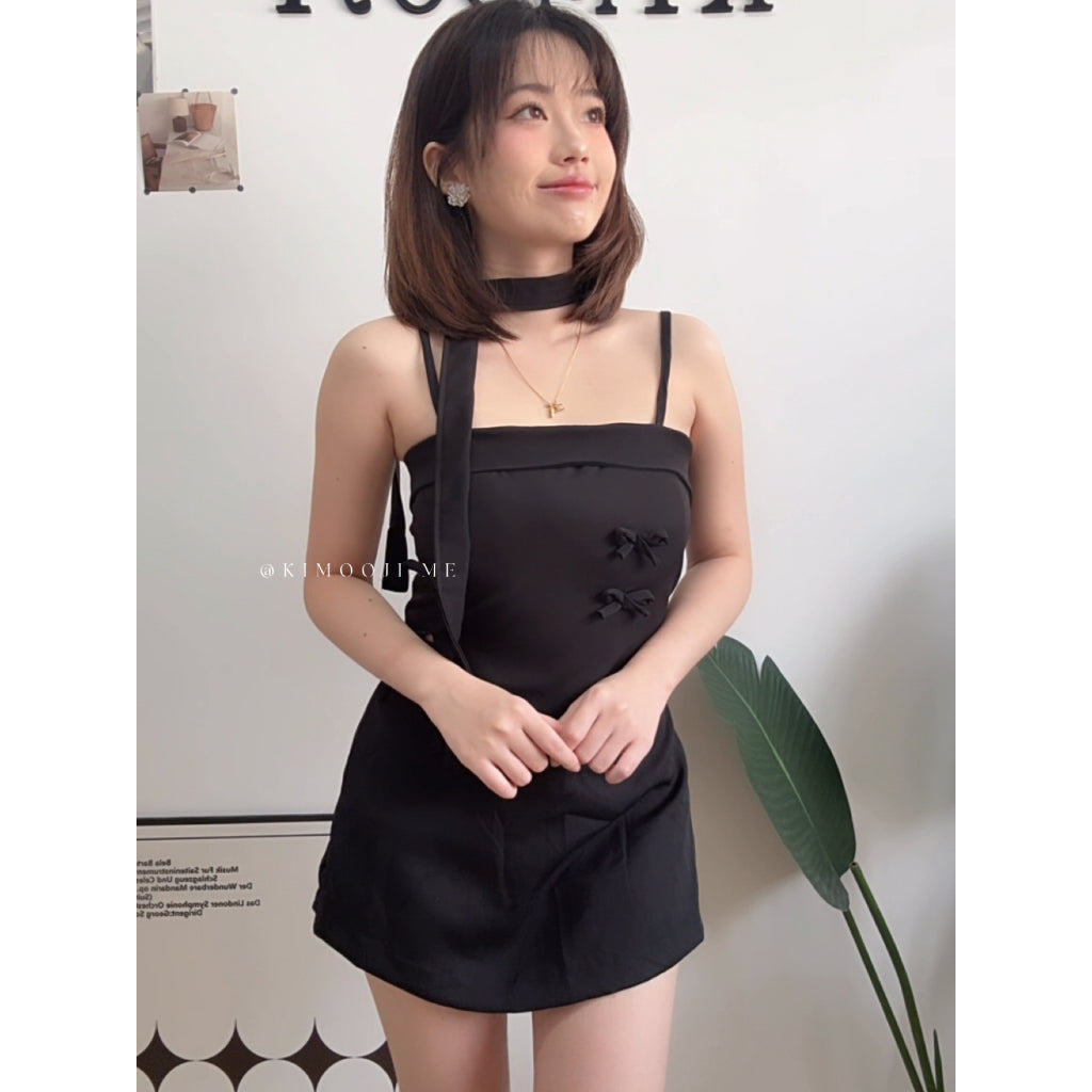 【T907】立体蝴蝶结Choker Set A line Skirt + Ribbon Singlet Top