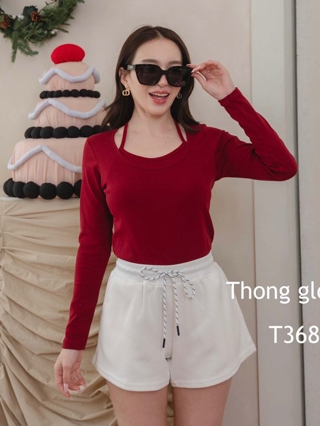 【T991】ThongGlom挂脖假两件纯棉长袖上衣女