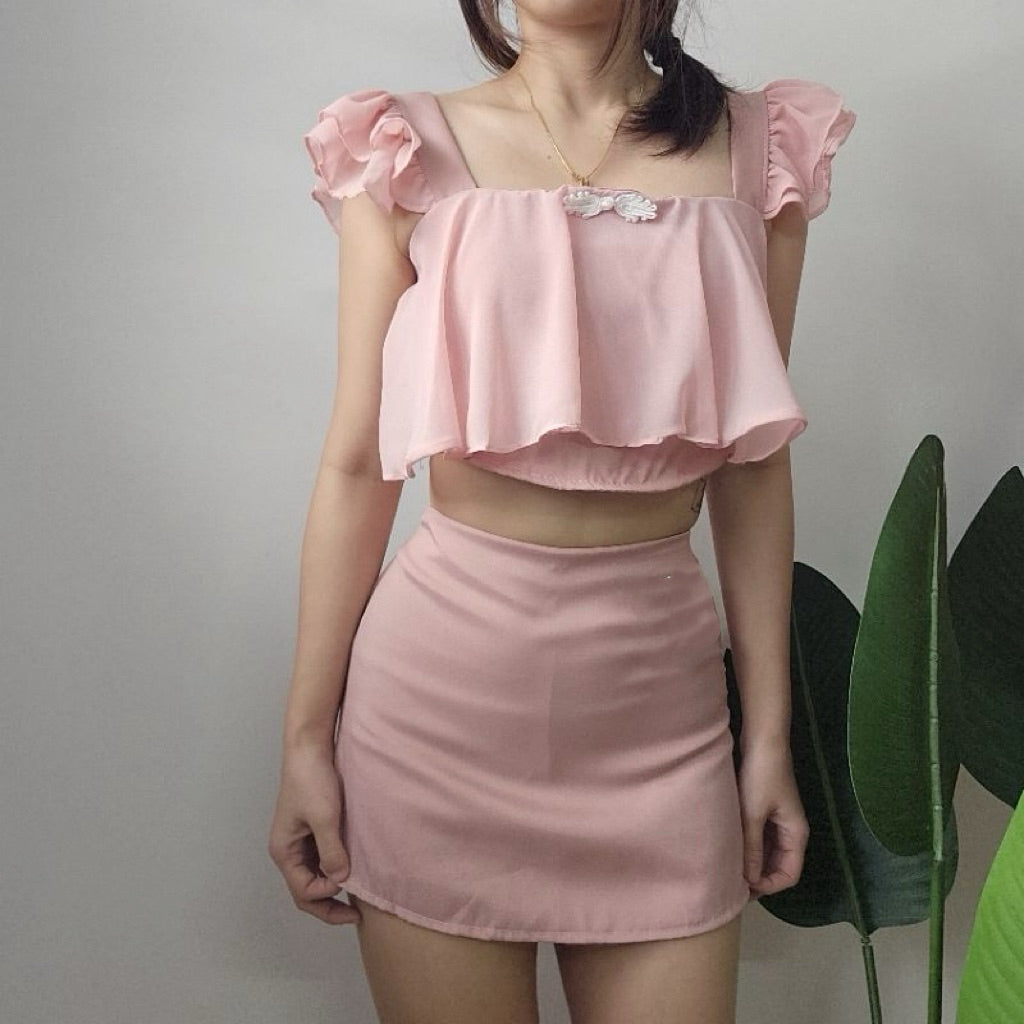 【T353】🎉CNY 2025🎉 气质满满！小飞袖网纱中国结新年套装 Chinese Knot Fly Sleeve CNY Set Skort Bottom 泰国现货套装