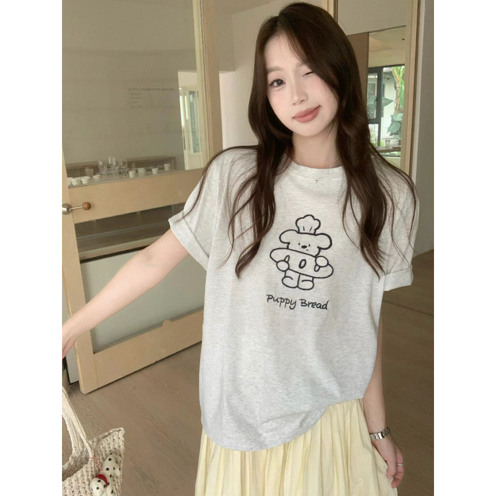 【T-1146】韩系减龄小狗 Oversize T恤 Women Cute Puppy Embroidery Loose Tee 显瘦百搭短袖 T-Shirt 爽滑棉 MD8078