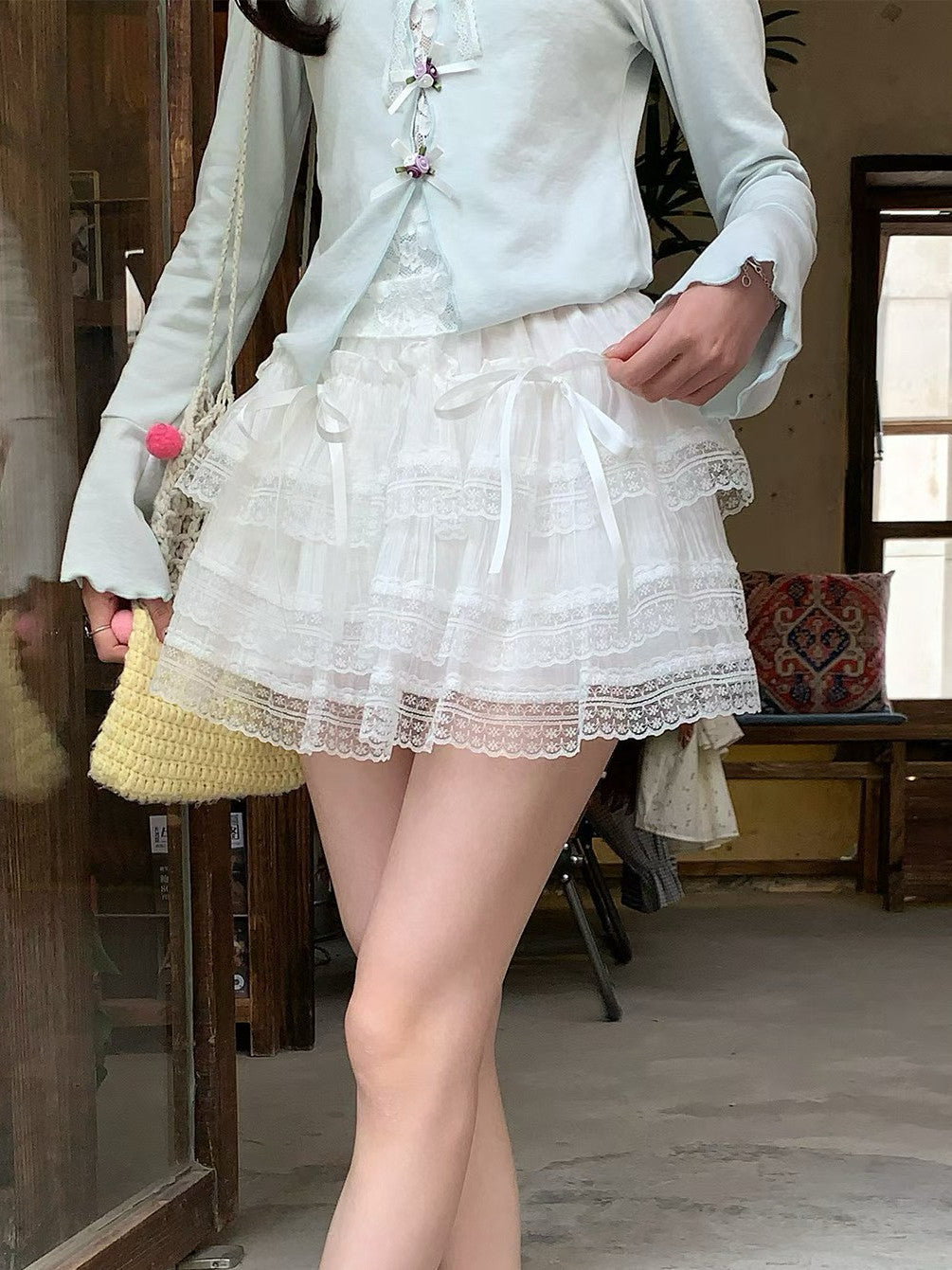 【T-1141】蕾丝蝴蝶结蛋糕裙 Sweet Tiered Ribbon Mini Skirt