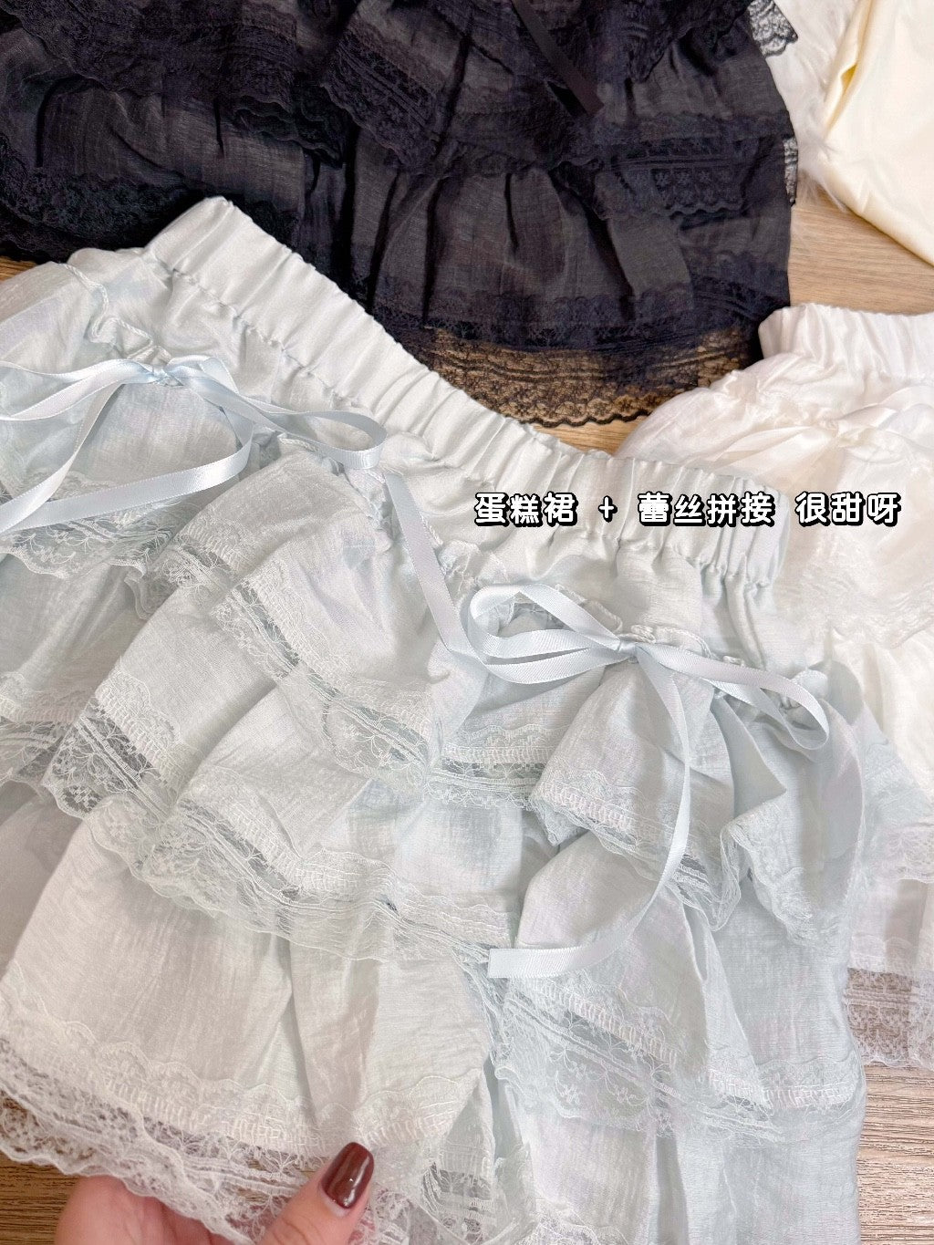 【T-1141】蕾丝蝴蝶结蛋糕裙 Sweet Tiered Ribbon Mini Skirt