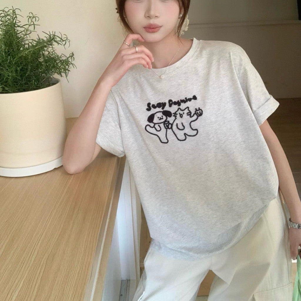 【T-1153】可爱跳舞小猫小狗✨ 刺绣爽肤棉T恤