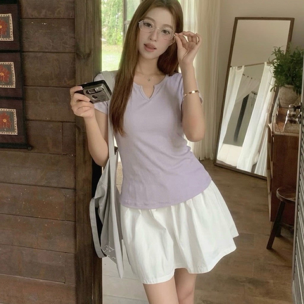 【T-1231】云朵软棉☁️小V领修身显瘦纯色百搭上衣