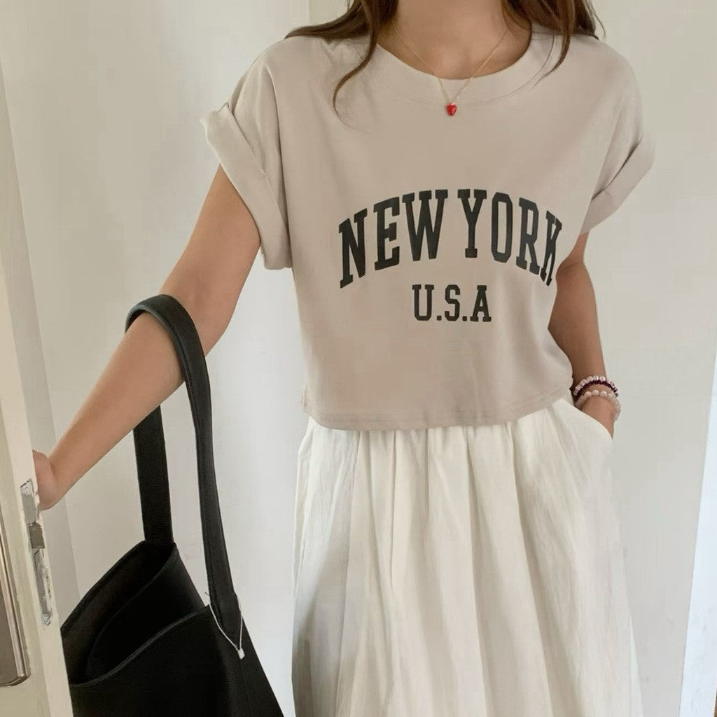 【T-1236】超百搭～自留！NEW YORK Loose Crop Top