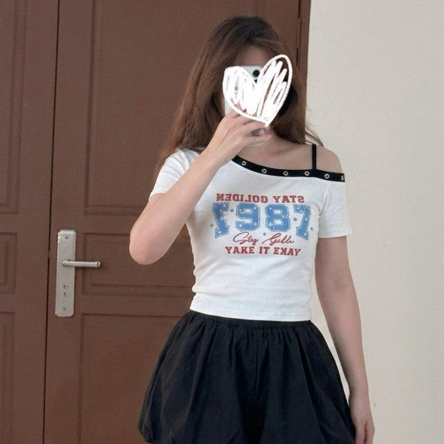 【T-1267】美式复古斜肩甜辣风修身上衣Y2K