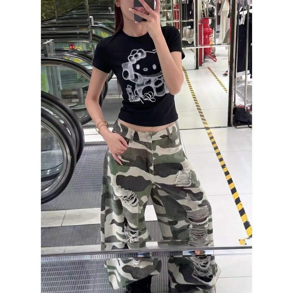 【T-1280】酷Girl 个性Hello Kitty 印花修身显瘦T恤上衣女 Cool Street Style Kitty Printed Slim Fit T-shirt Women Top