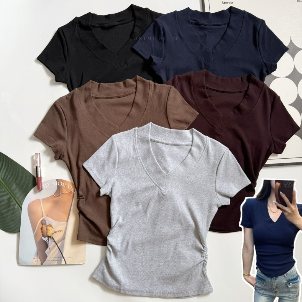 【T871】Ribbed V-Neck Slim Fit Tee ✨