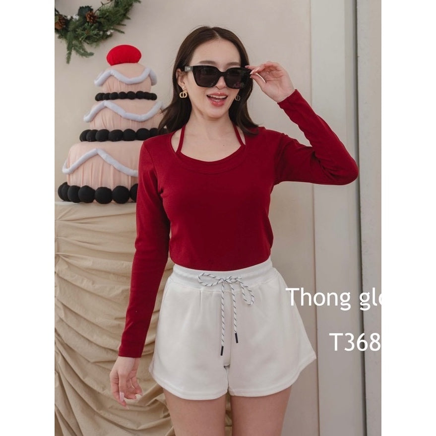 【T991】ThongGlom挂脖假两件纯棉长袖上衣女