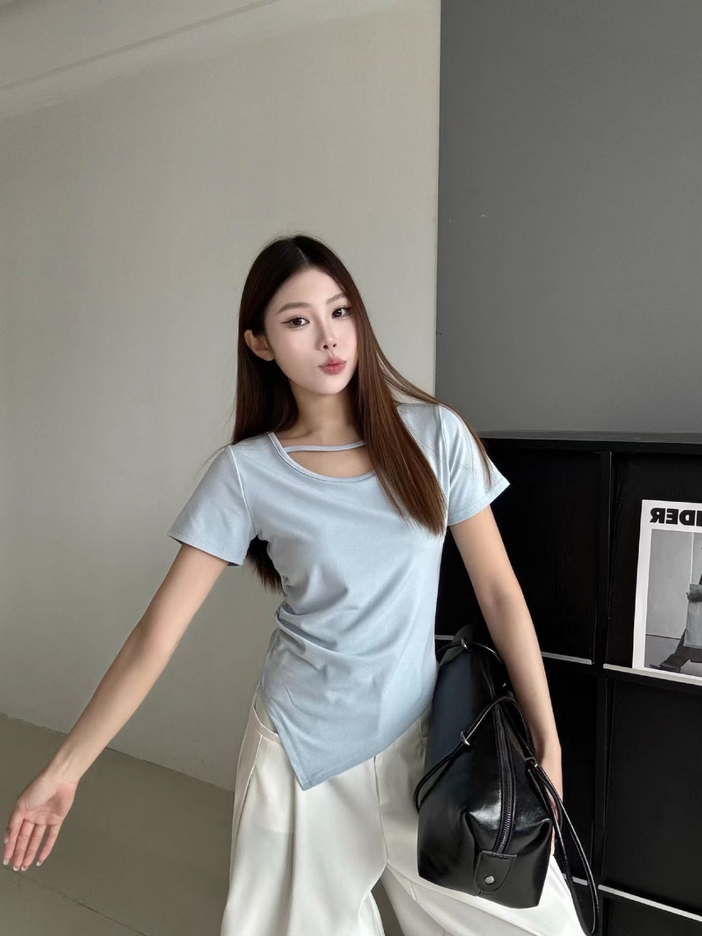 【T1029】个性不规则下摆侧边褶皱收腰短袖T恤上衣