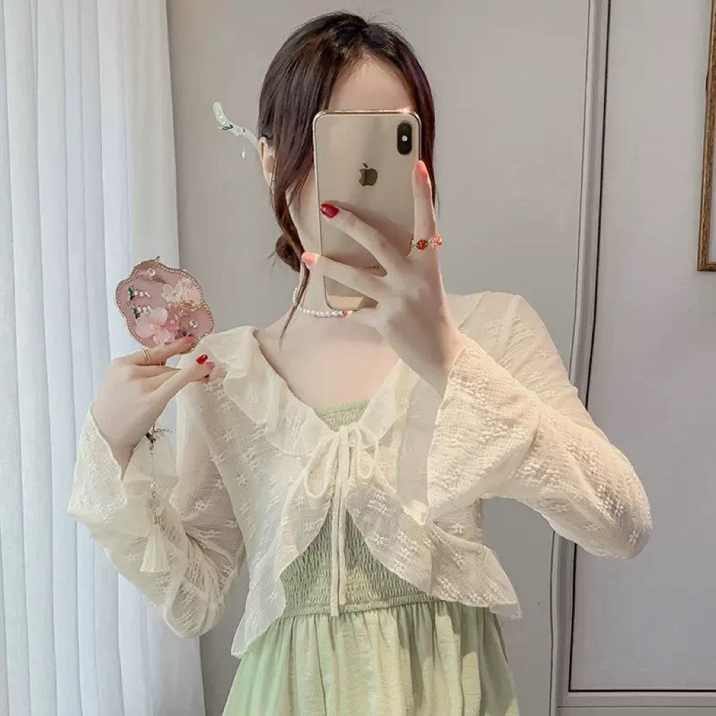 【T-1194】温柔风木耳边蕾丝防晒罩衫 Sweet Floral Lace Ruffle Outer