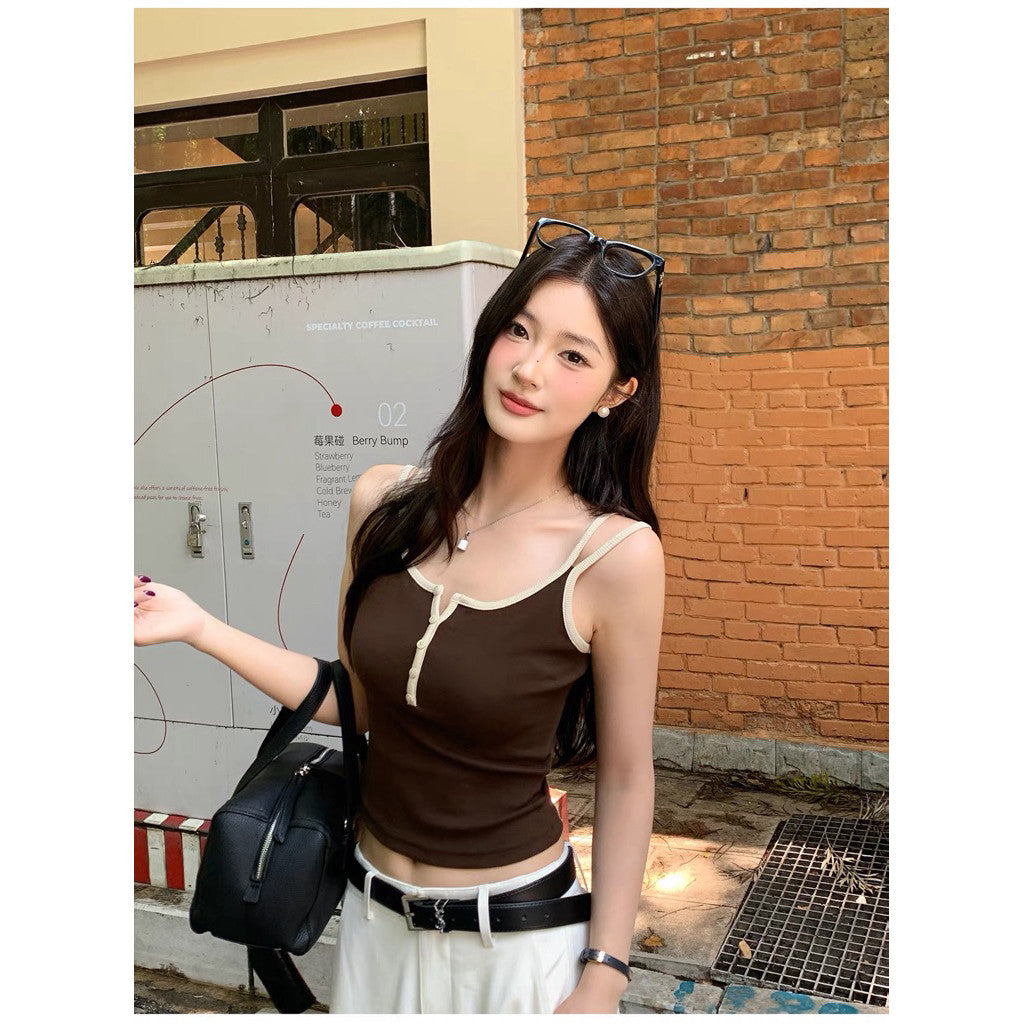 【T-1278】美拉德撞色系方领假纽扣背心