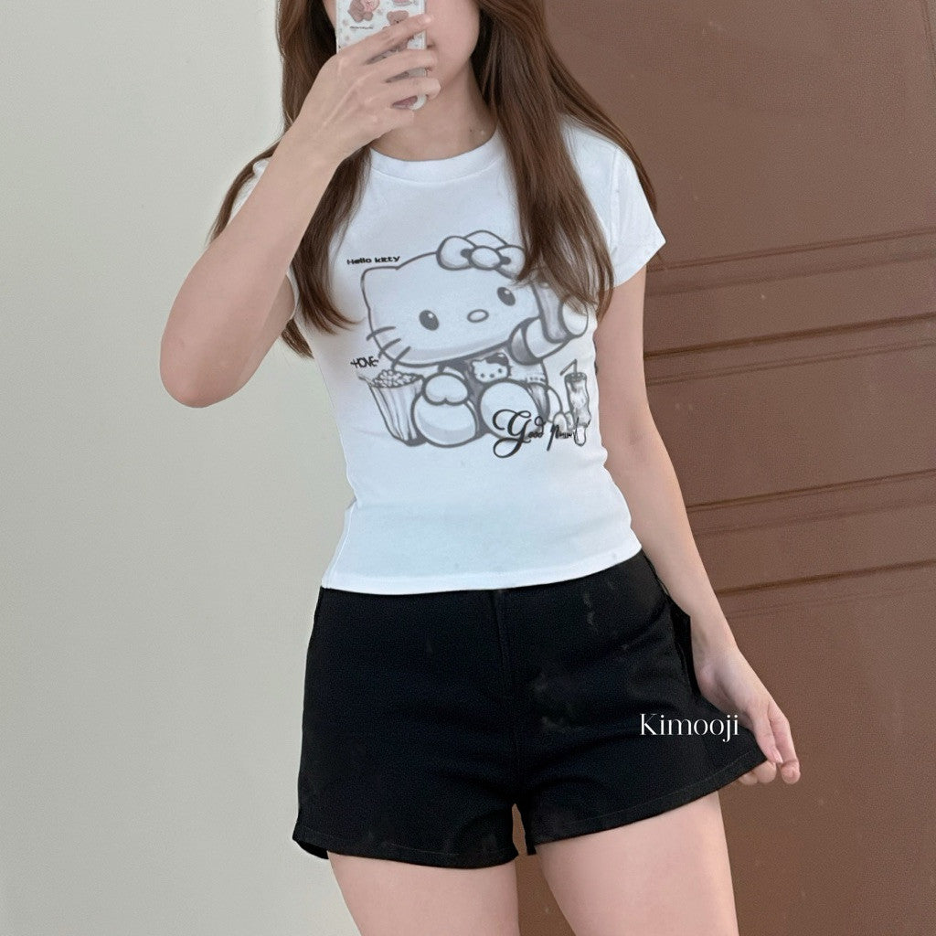 【T-1280】酷Girl 个性Hello Kitty 印花修身显瘦T恤上衣女 Cool Street Style Kitty Printed Slim Fit T-shirt Women Top