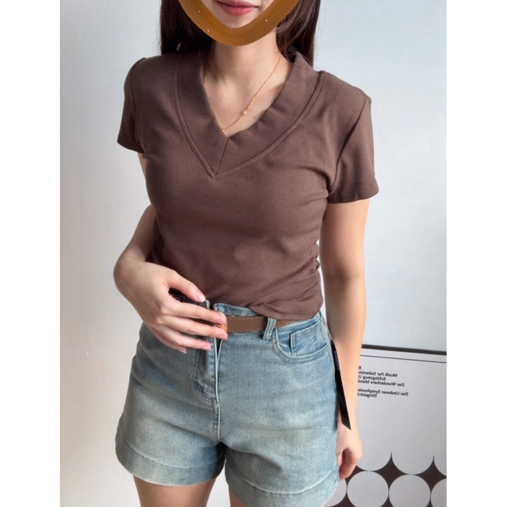 【T871】Ribbed V-Neck Slim Fit Tee ✨