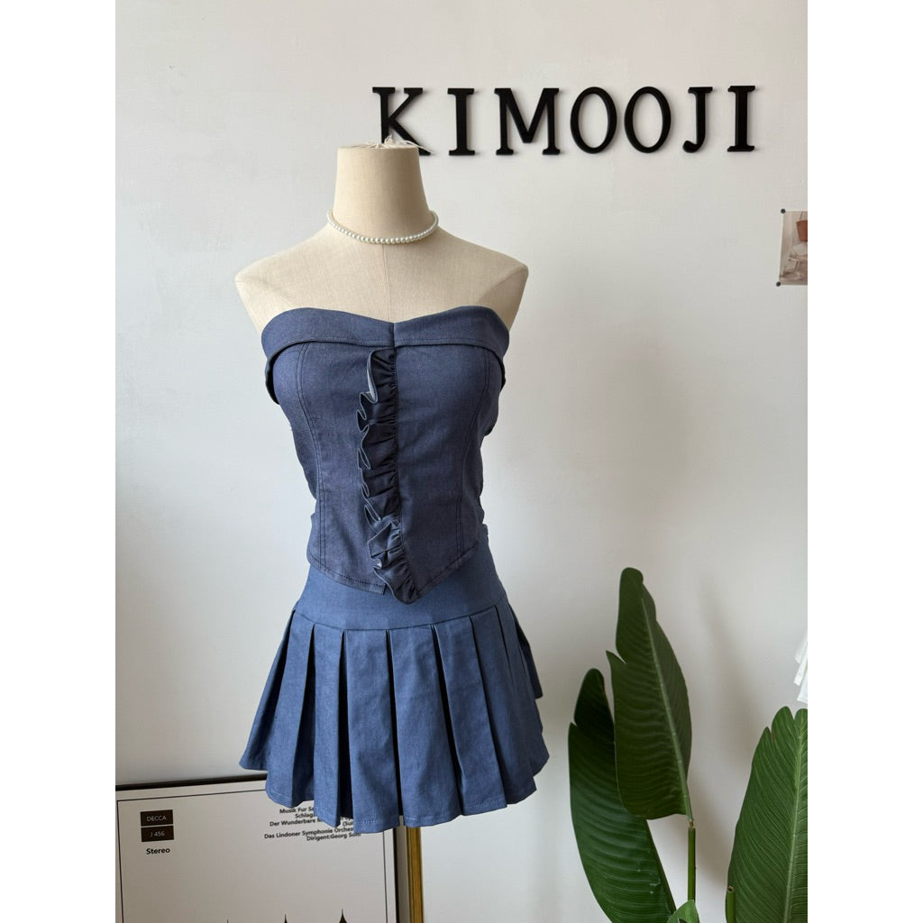 【T889】小个子Soft Denim Tank Tube Top + Pleated Inner Skirt