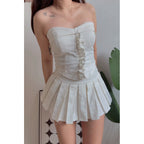 【T889】小个子Soft Denim Tank Tube Top + Pleated Inner Skirt