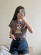 【T951】超可爱！宽松软棉上衣 Cute Puppy Print Loose Crop Tee