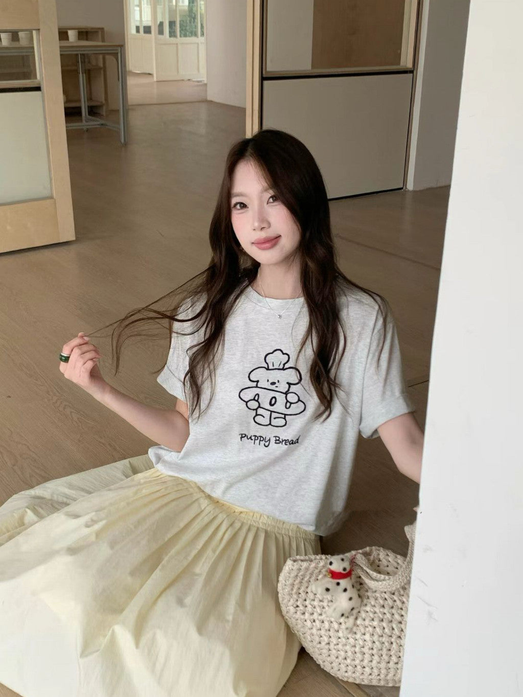 【T-1146】韩系减龄小狗 Oversize T恤 Women Cute Puppy Embroidery Loose Tee 显瘦百搭短袖 T-Shirt 爽滑棉 MD8078