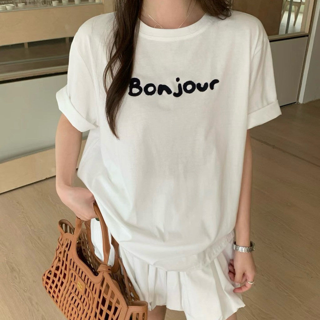 【T-1197】Bonjour～～简约爽肤棉刺绣字母Tee