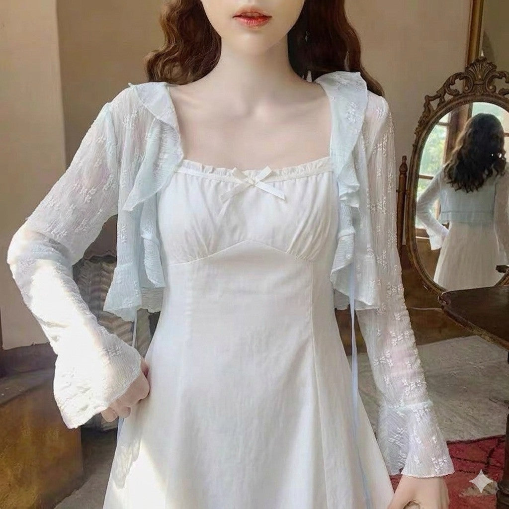 【T-1194】温柔风木耳边蕾丝防晒罩衫 Sweet Floral Lace Ruffle Outer