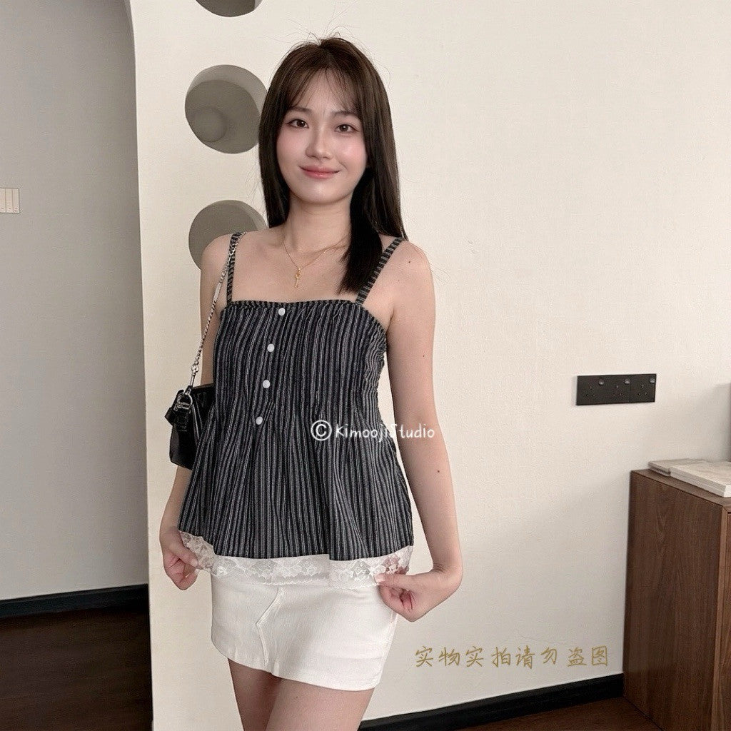 【T-1242】复古风蕾丝拼接条纹吊带背心女