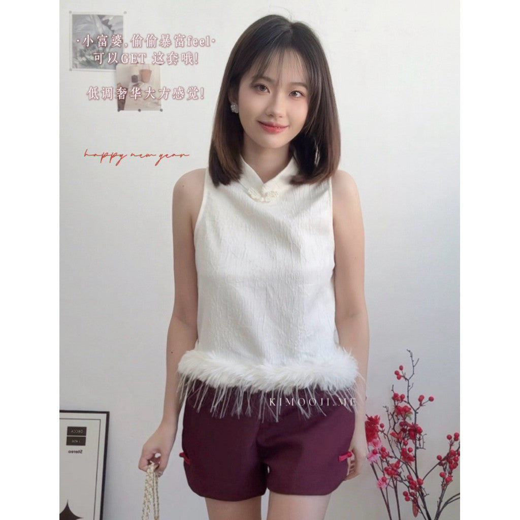 【T-1381】🧧🎉CNY🧧🎉小富婆🧧轻奢风名媛毛毛拼接旗袍上衣 2027 Furry Cheongsam Singlet Top 新年穿搭女装 KIMOOJI 现货