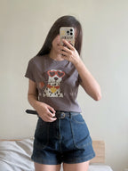 【T951】超可爱！宽松软棉上衣 Cute Puppy Print Loose Crop Tee